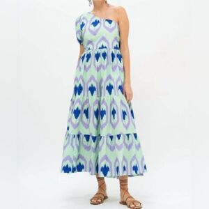 Oliphant One-Shoulder Odisha In Multi Green/Blue/ Purple Maxi Dress Medium EUC